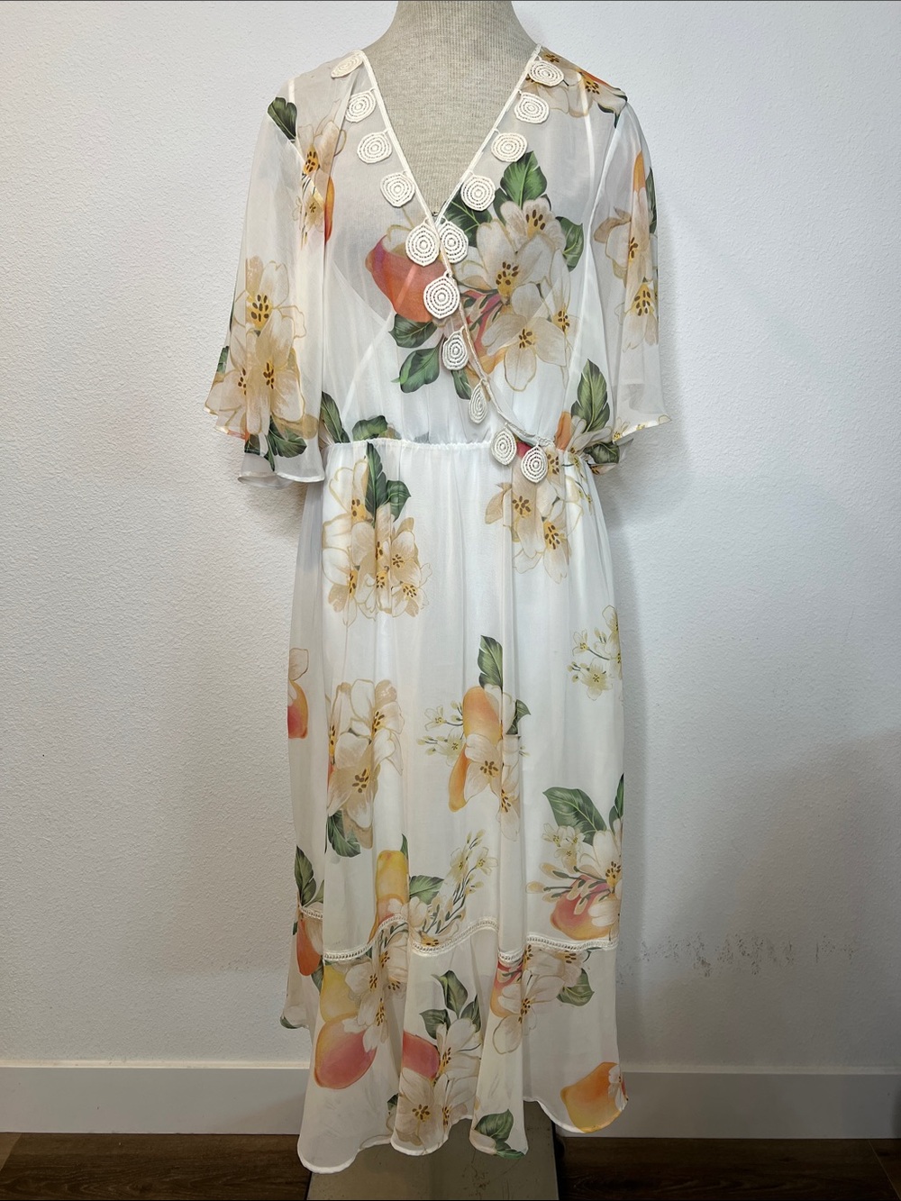 FARM Rio Eloisa Floral Sheer V-Neck Women’s Dress in Cream with Orange Accents - Picture 2 of 5